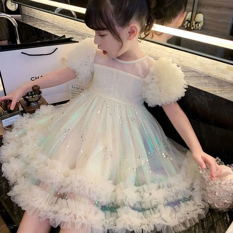 

Girls' Dress Summer 2023 New Children's Mermaid Concubine Pengpeng Princess Dress Fashionable Girls' Short Sleeve Skirt