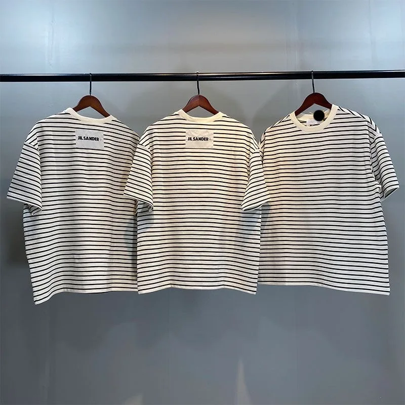 

New summer wild Jils Sanders black and white horizontal stripes round neck short-sleeved simple men and women couple T-shirt
