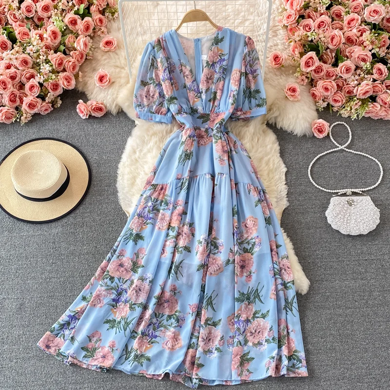 

Summer Bohemian Floral Long Dress For Women Sexy V-Neck Short Sleeve High Waist A-Line Big Swing Vestido Casual Blue Robe 2021