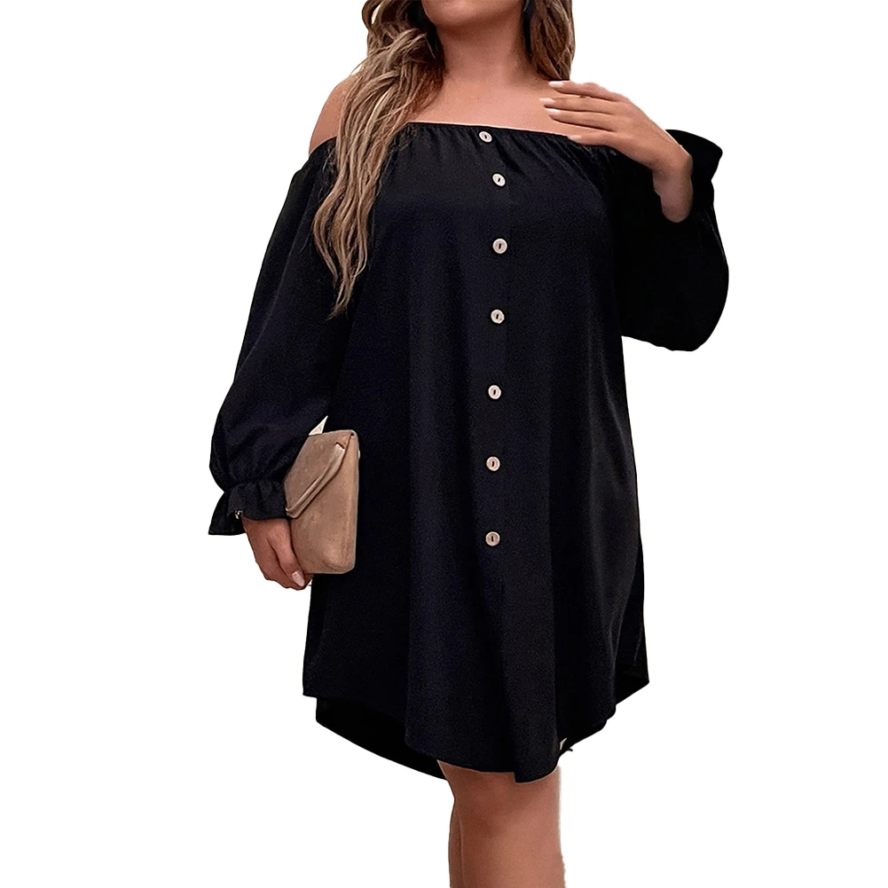 

Plus Size Ladies Dress Long Sleeve Dresses Cold Shoulder Holiday Party Autumn Button Off Shoulder One Line Collar Foreign Dress