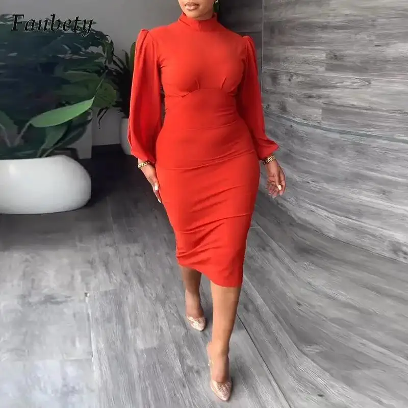 

Женское модное однотонное вечернее платье с коротким воротником, Осеннее Повседневное платье до середины икры с длинным рукавом, женское э...