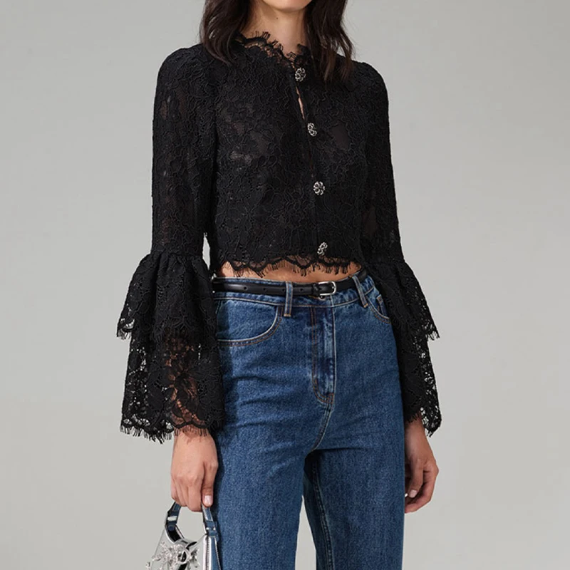 

Women Black Lace Embroidered Blouse Slim Top Retro Long Flared Sleeve Niche 2023 Spring New Female Short Shirt