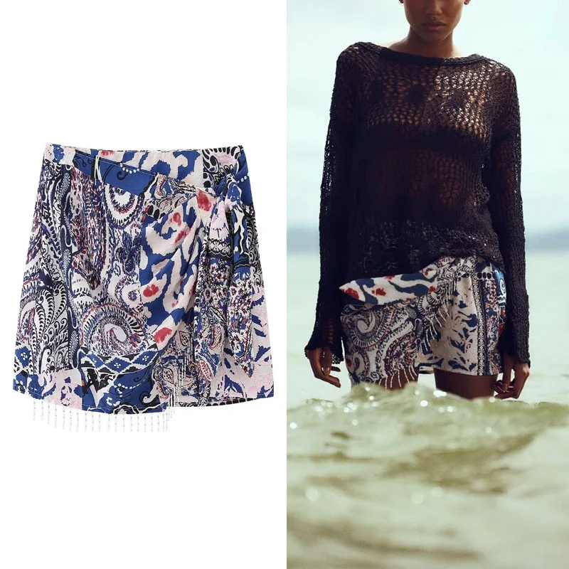 

Мини-юбка с бахромой и молнией сбоку, с завязками