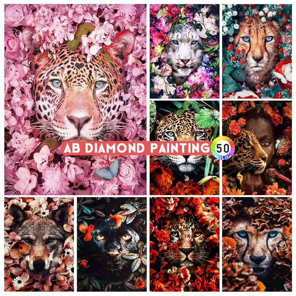 Pintura de diamantes 5D para decoración del hogar, Kit de punto de cruz de mosaico de animales, Tigre, Lobo, leopardo y León, imagen artística bordada AB