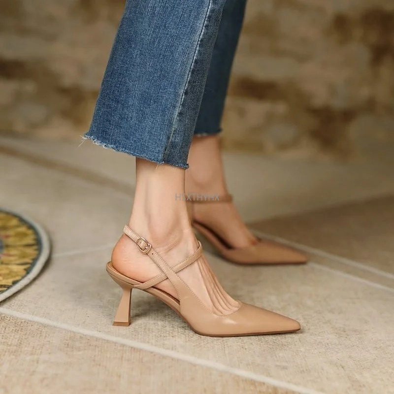 

Wowen Sandals Fashion Mid Heels Ladies Pumps Pointed Toe Shallow Ankle Strap Woman Shoes Summer Slingback Female Sandal 2022 New