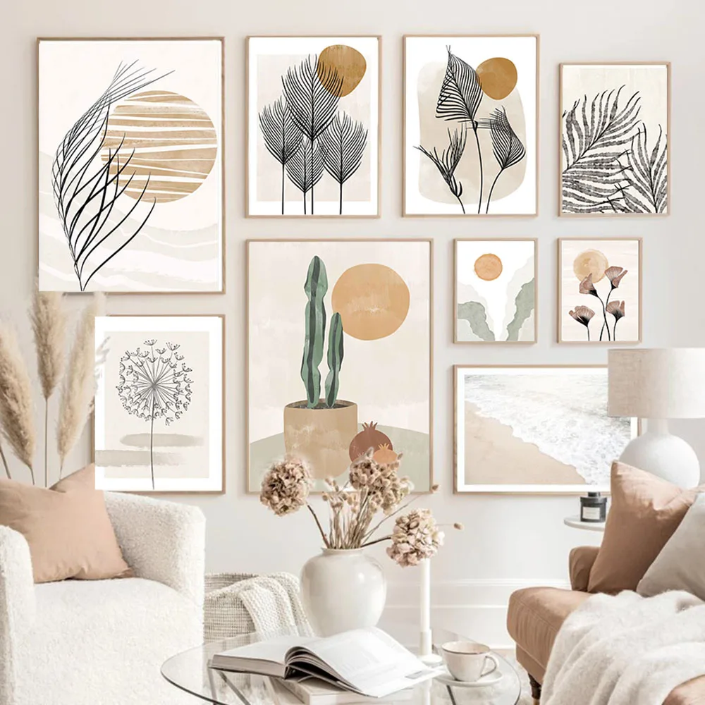 

Настенная живопись в стиле бохо, абстрактная натуральная Картина на холсте с изображением листьев, кактусов, одуванчиков, скандинавские по...