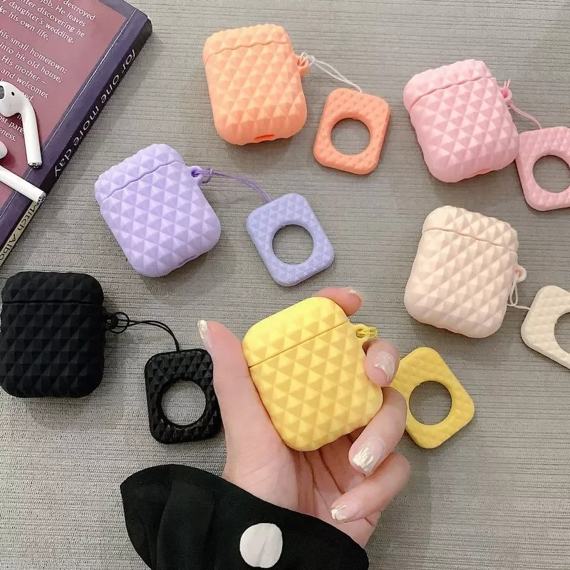 

1PC Diamond Pattern Silicone Case Proetctive Cover with Lanyard for Airpods Headset Protective Case airpods case