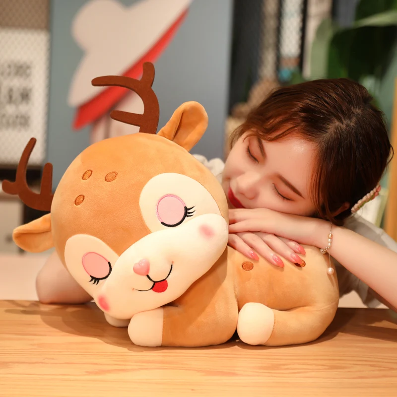 

Cute Face Soft Sika Deer Plush Toy Stuffed Cartoon Animals Sleeping Elk Deer Lying Pillow Cushion Christmas Gift For Baby Girls