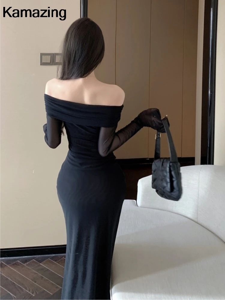 Шикарное черное платье миди с разрезом и оборками женское сексуальное вечернее