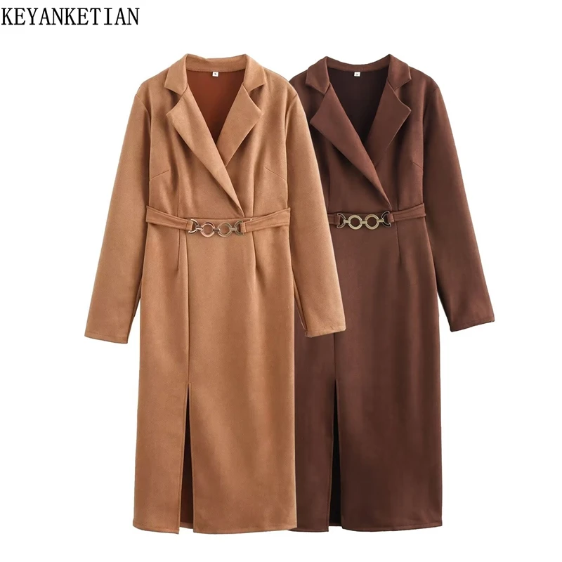 KEYANKETIAN осень/зима новое женское замшевое платье миди в стиле ретро с украшением