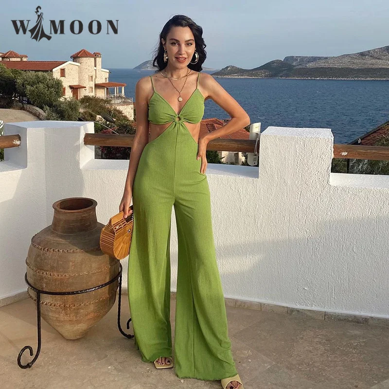 

Женский Ажурный комбинезон на бретельках, однотонный повседневный комбинезон с открытой спиной и высокой талией, лето 2022