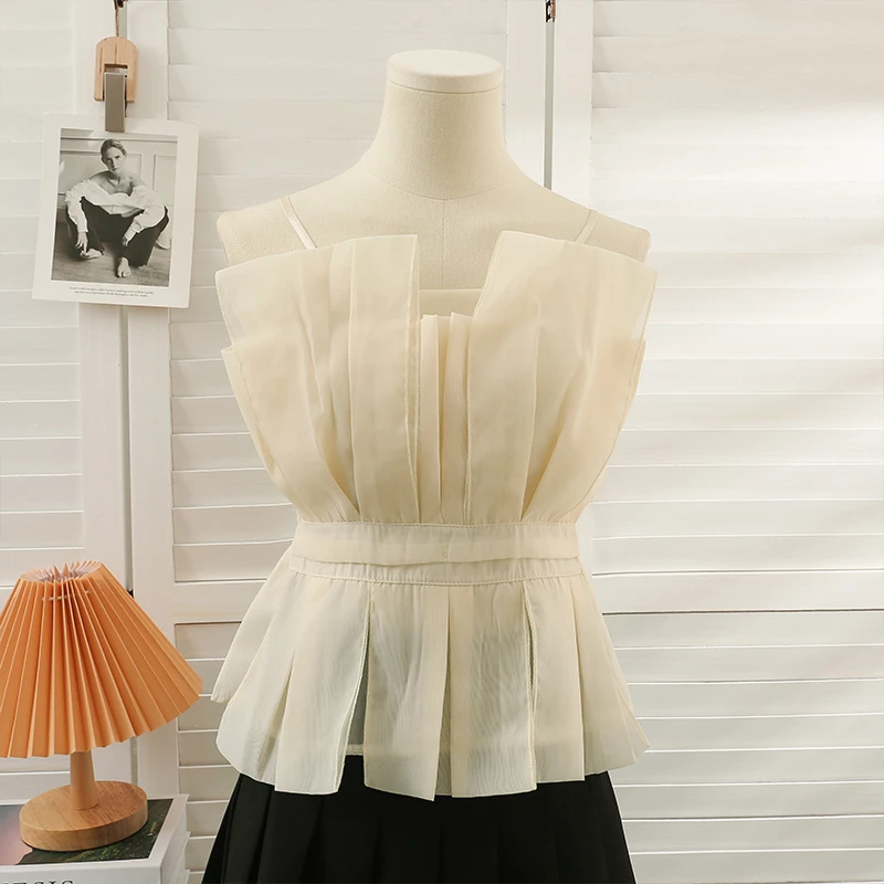 

French Niche High-waisted Short Mesh Gauze Sling Women's Summer Dress Design Sense Pleated Beautiful Back Skirt Small Shirt
