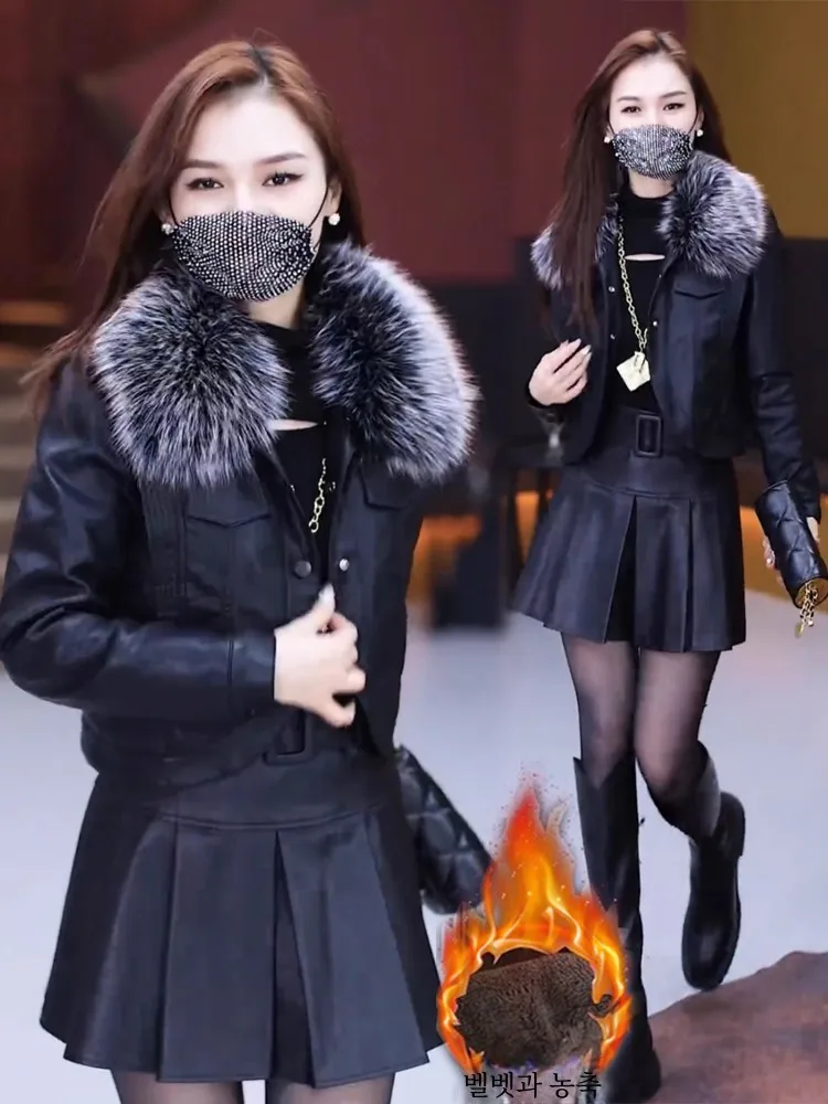 Черное кожаное пальто Верхняя одежда Женская зимняя короткая куртка на флисовой