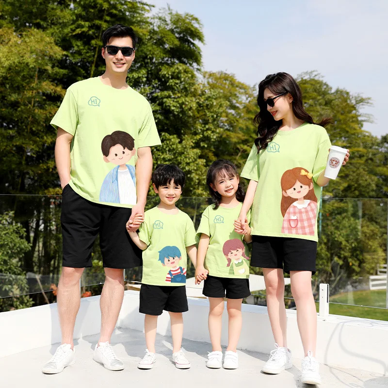 Family Matching Outfits Cotton T-shirt Kids Mother Daughter Clothes Cute Cartoon Tops Parent-child Outfits Summer Casual Tees