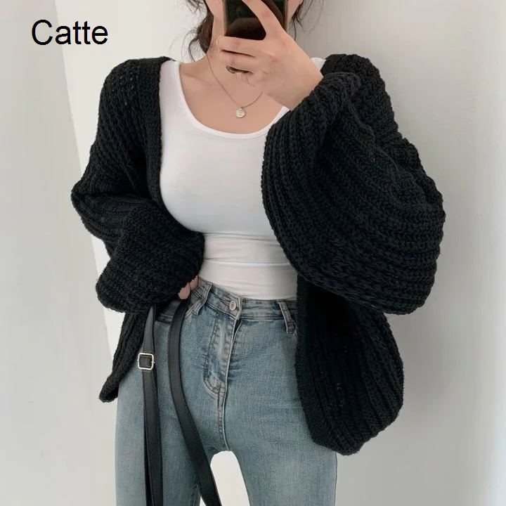 

Korean 2022 Sweater Cardigan Spring Warm V-neck Loose Casual Color Lantern Sleeve Knitted Cardigan Sweater Coat
