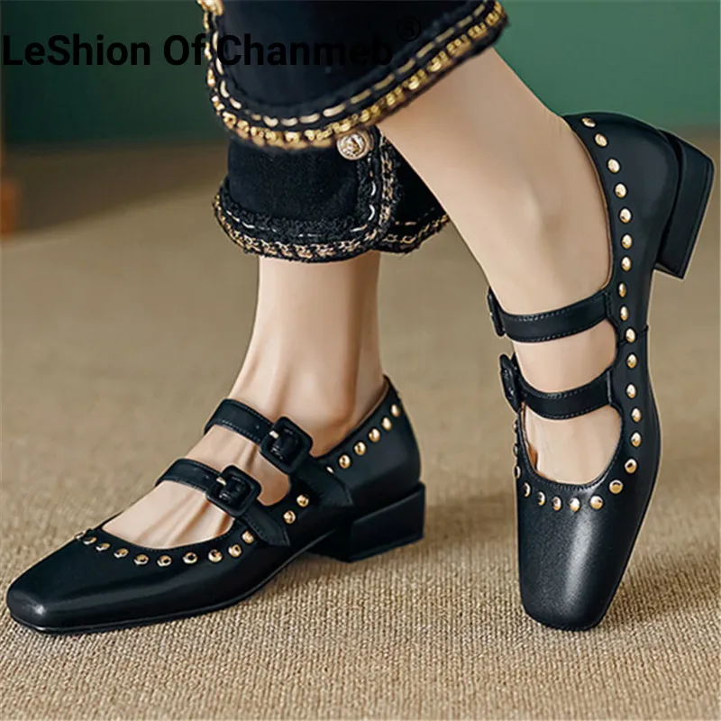 

LeShion Of Chanmeb Women Real Genuine Leather Mary Jane Shoes Double Buckle Punk Rivets Square Toe Low Heels Pumps Spring Autumn