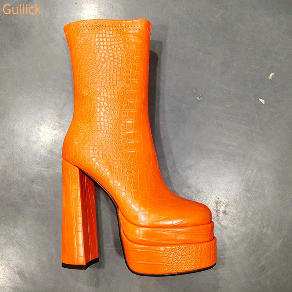 

Женские ботинки с квадратным носком, короткие ботинки на очень высоком массивном каблуке, с боковой молнией и змеиным узором, Осень-зима 2023