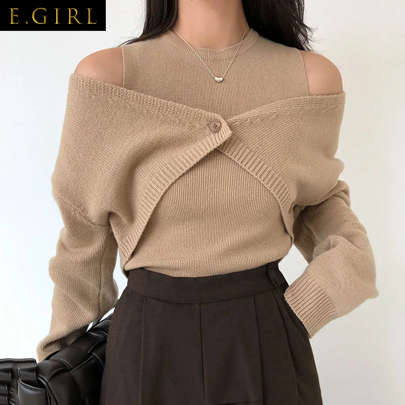 

E GIRLS Elegant Two Pieces Set Knitted Crop Cardigan + Sleeveless Vest 2022 Korean Chic Outfits Solid Knitwear Kardigan Damski