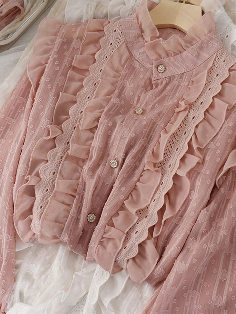 Женская кружевная рубашка в стиле Харадзюку розовая Элегантная блузка с длинным