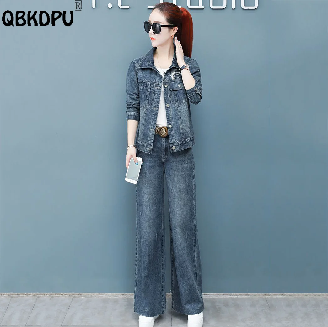 

Women Denim Suit Korean Fashion Autumn Spring Two Piece Sets Sequins Cropped Denim Jackets+High Waist Baggy Wide Leg Jeans Mom