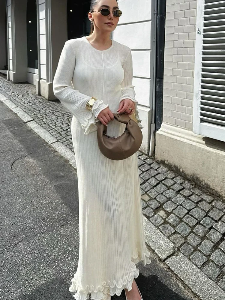 Женское трикотажное платье макси элегантное лоскутное длинное с оборками и