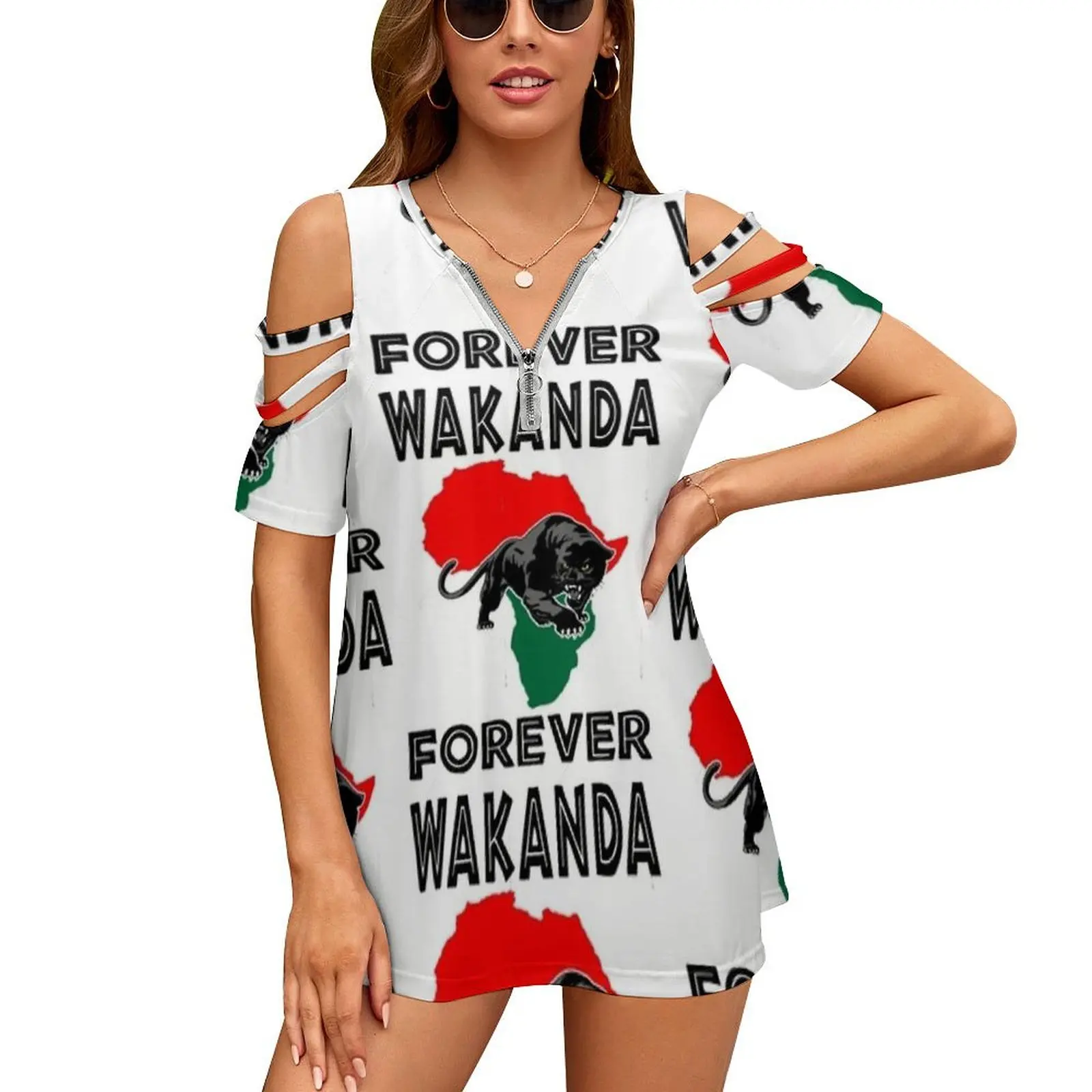 

Женская футболка с принтом на молнии, V-образным вырезом