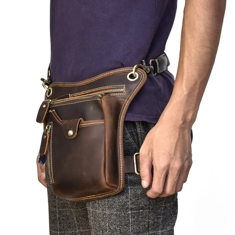 HUMERPAUL Crazy Horse Leather Men Waist Pack High Quality Design Male Drop Leg Bag Pouch Multi-function Male Small Messenger Bag