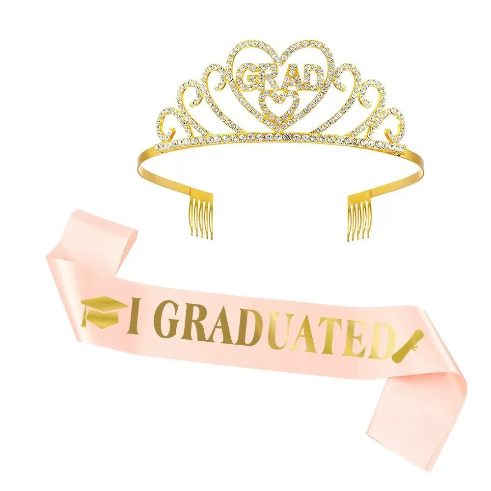 

Graduation Satin Sashwith Rhinestone Crown Glitter Letter "I Graduated" Gift Celebration Photo Props for Graduation Party