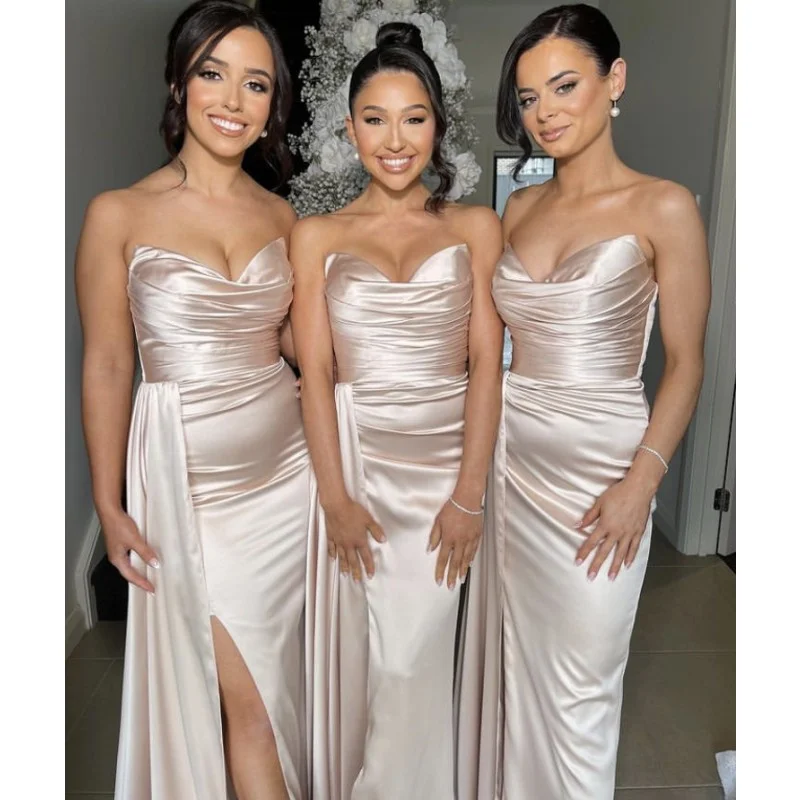 

Очаровательные платья подружки невесты с разрезом по бокам шелковые атласные плиссированные платья подружки невесты со шнуровкой сзади