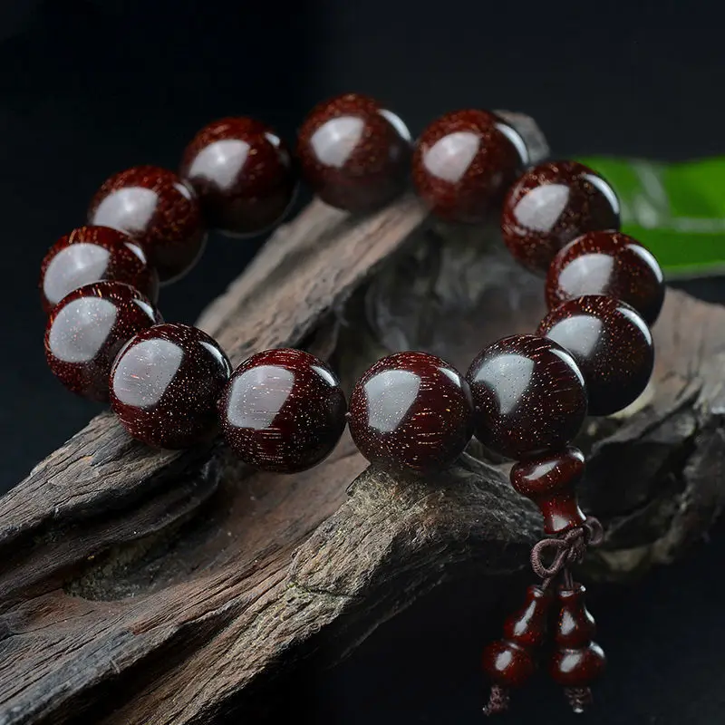 

SNQP Indian Little Leaf Red Sandalwood Old Material Golden Star Buddha Bead Hand String Holding Bracelet Male Plate Play