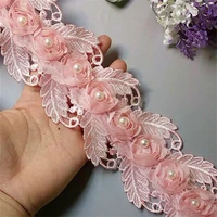 1 yard pink soluble 75mm pearl rose flower embroidered lace trim ribbon fabric handmade diy wedding dress sewing supplies craft