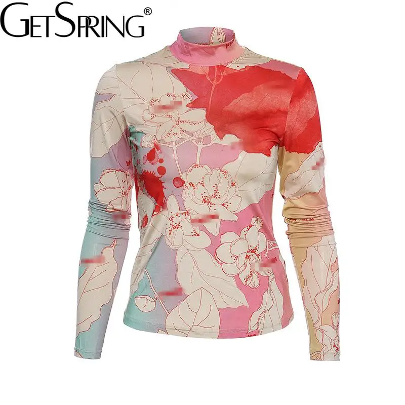 

GetSpring Women T Shirt Abstract Printing Slim Bottomed Tshirt Long Sleeve Stand Collar Fashion Tee Shirt With Pants Summer 2022