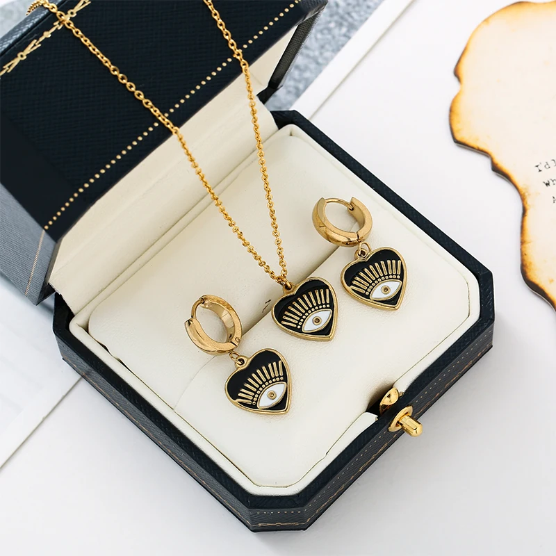 

Fashion Drop Oil Devil Eye Heart Enamel Stainless Steel Jewelry Sets For Women Golden 14K Plated Jewelry Party Jewelry Gifts