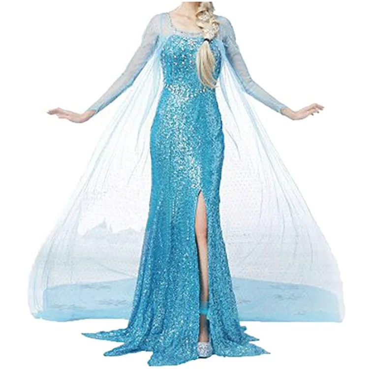 Frozen Elsa Princess Long Dress Sequin Mesh Elsa Costume Adult Snow Queen Costume Party Dress Halloween Carnival Cosplay Costume