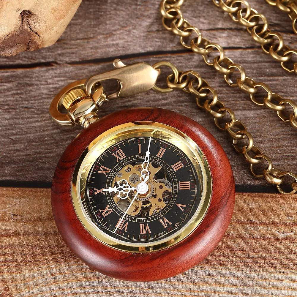 Wooden Case Mechanical Pocket Watch Hand Winding Steampunk Skeleton Fob Watches Chain Romans Necklace Pendant For Men Women