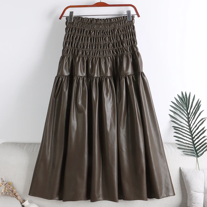 

Folds PU Skirts High Waist Elastic Jupe Mujer Faldas New Autumn&Winter Long Skirt Casual Fashiony Women Clothes Dropshipping