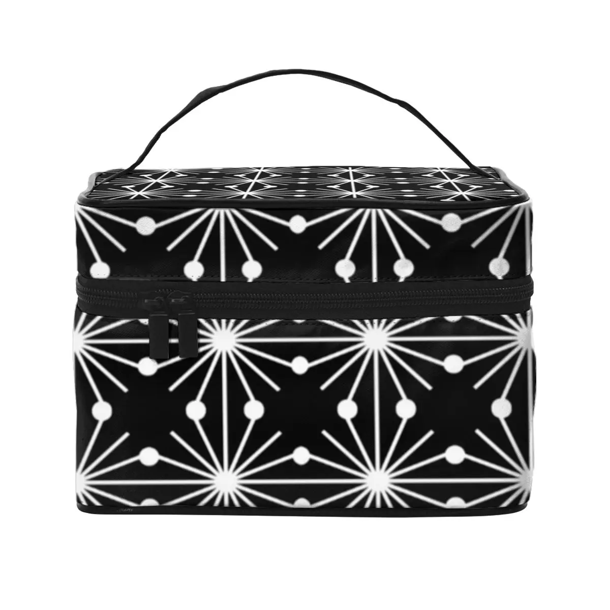 

Abstract Geometry Cosmetic Bags Black and White Woman Storage Organizers with Handle Traveling Large Capacity Makeup Bag