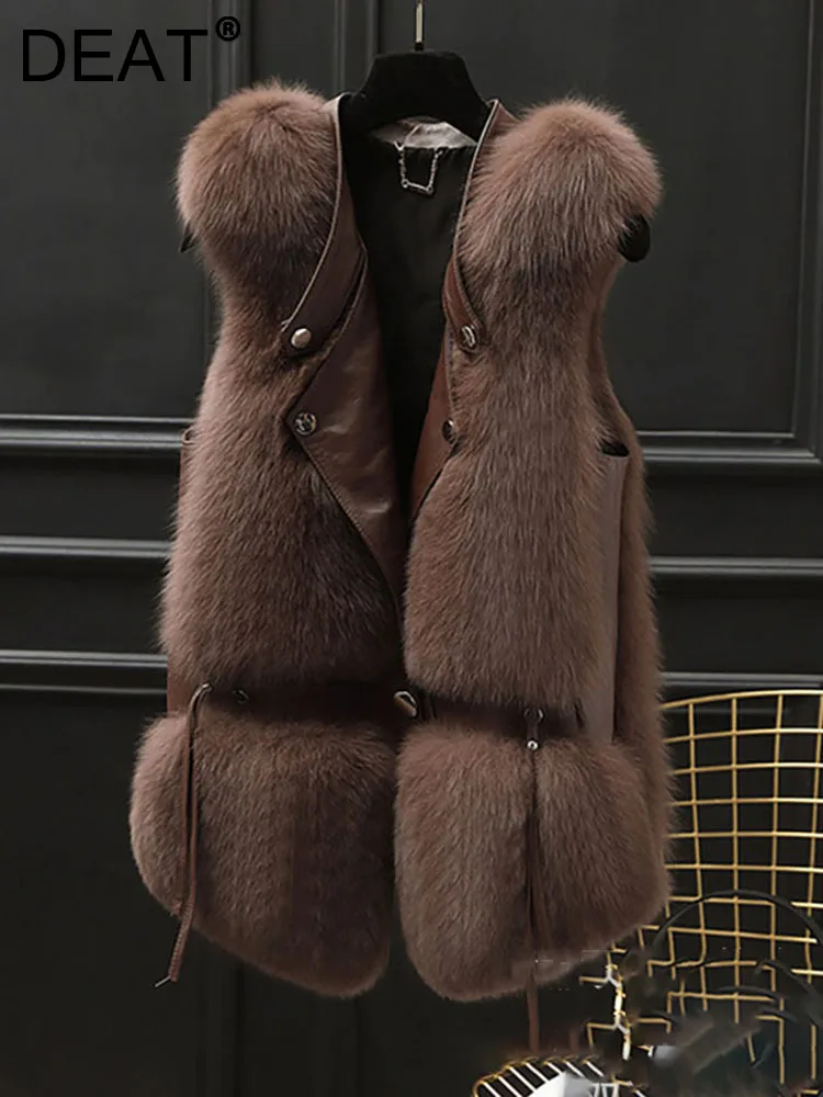 

DEAT Fashion Women's Vest Sleeveless Pu Leather Patchwork Loose Patchwork Faux Fur Waistcoat Female Winter 2023 New 19J1372
