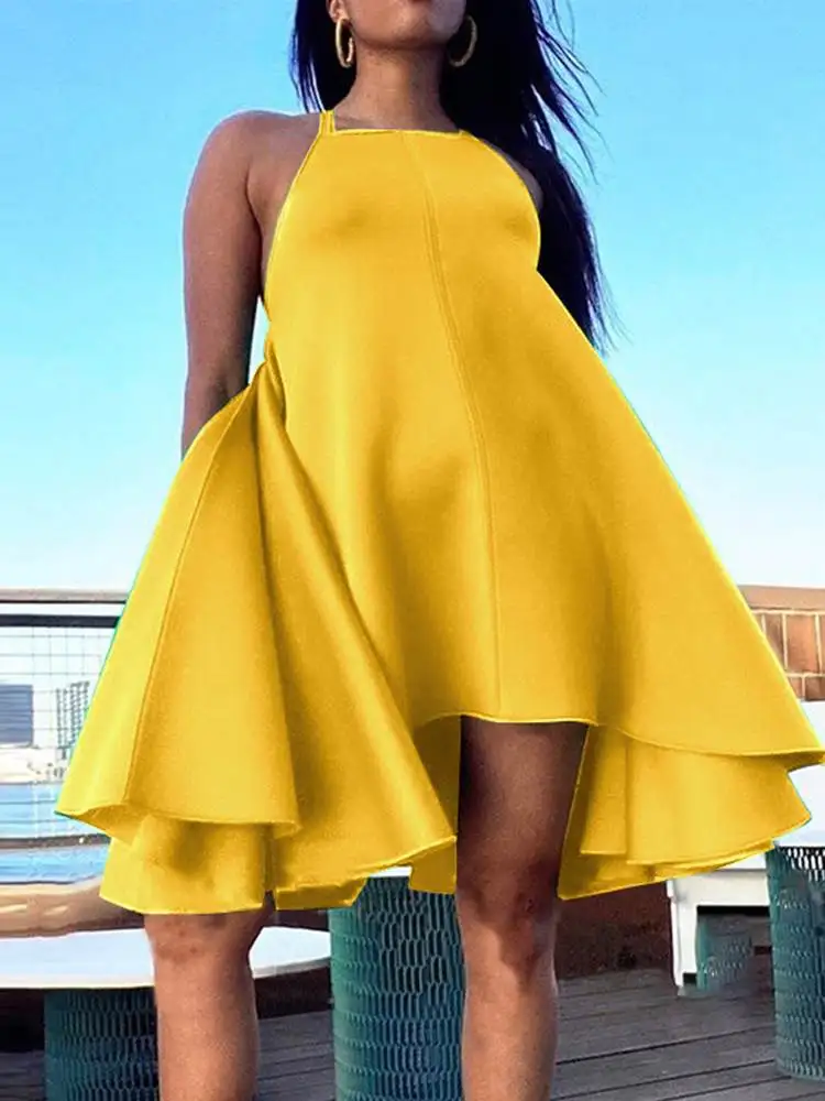 

VONDA Summer Beach Party Sundress Mini Dress 2022 Women Sexy Straps Zipper Bohemian Sleeveless Casual Asymmetric Ruffled Dress