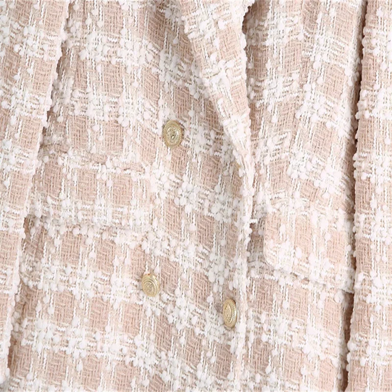 Women Fashion Tweed Double Breasted Full Sleeves Long Blazer Coat 2023 New Flap Pockets Office Lady Female Outerwear