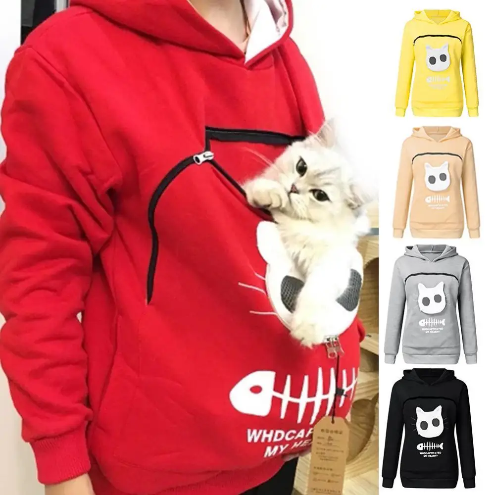 

Women Long Sleeve Kangaroo Pouch Cats Fish Print Hoodie Pets Holder Sweatshirt