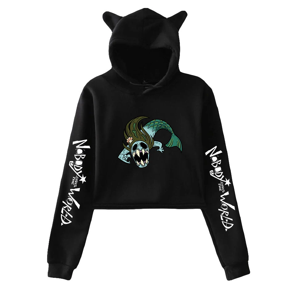 

Nobody Saves the World Cat Ear Hoodies Women Long Sleeve Hooded Cropped Sweatshirts Female Casual Streetwear Crop Tops