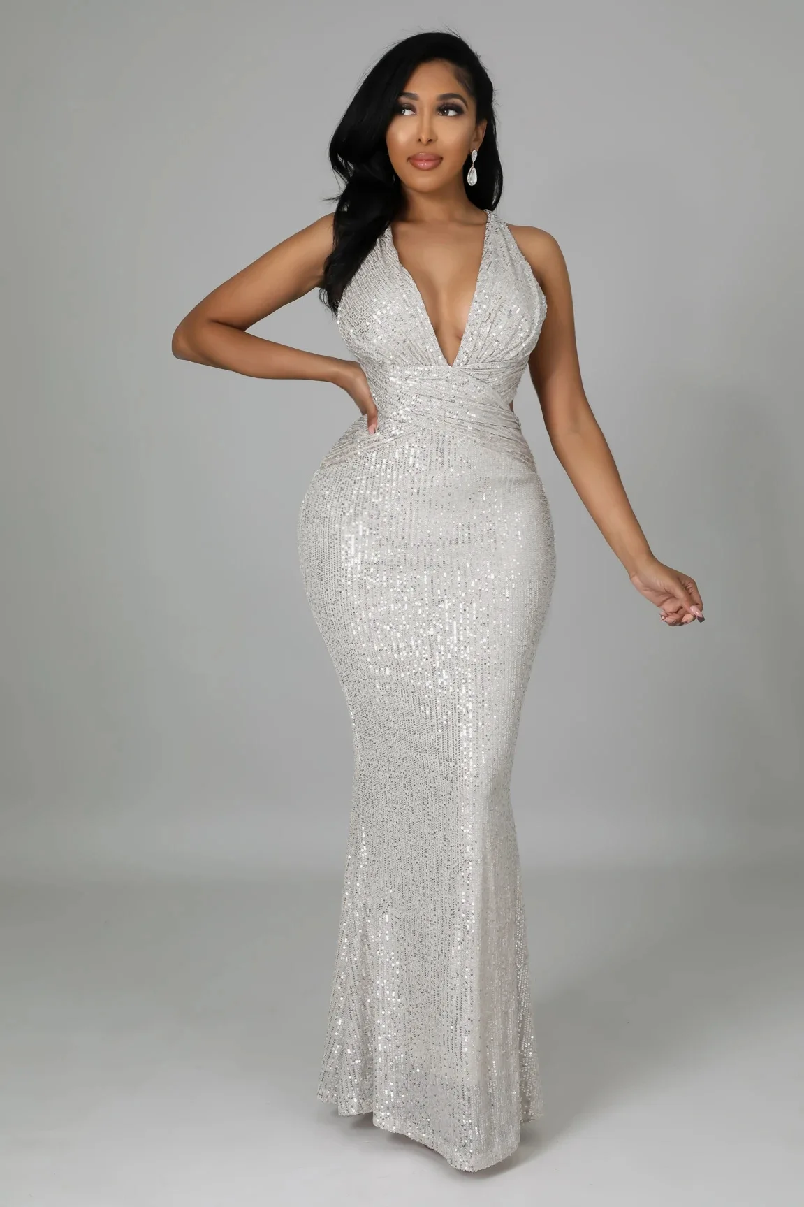 Elegant V Neck Sequin Evening Dress Long 2022 New Women Mermaid Formal Dress Party Gown Bodycon Maxi Prom Dress Bridesmaid