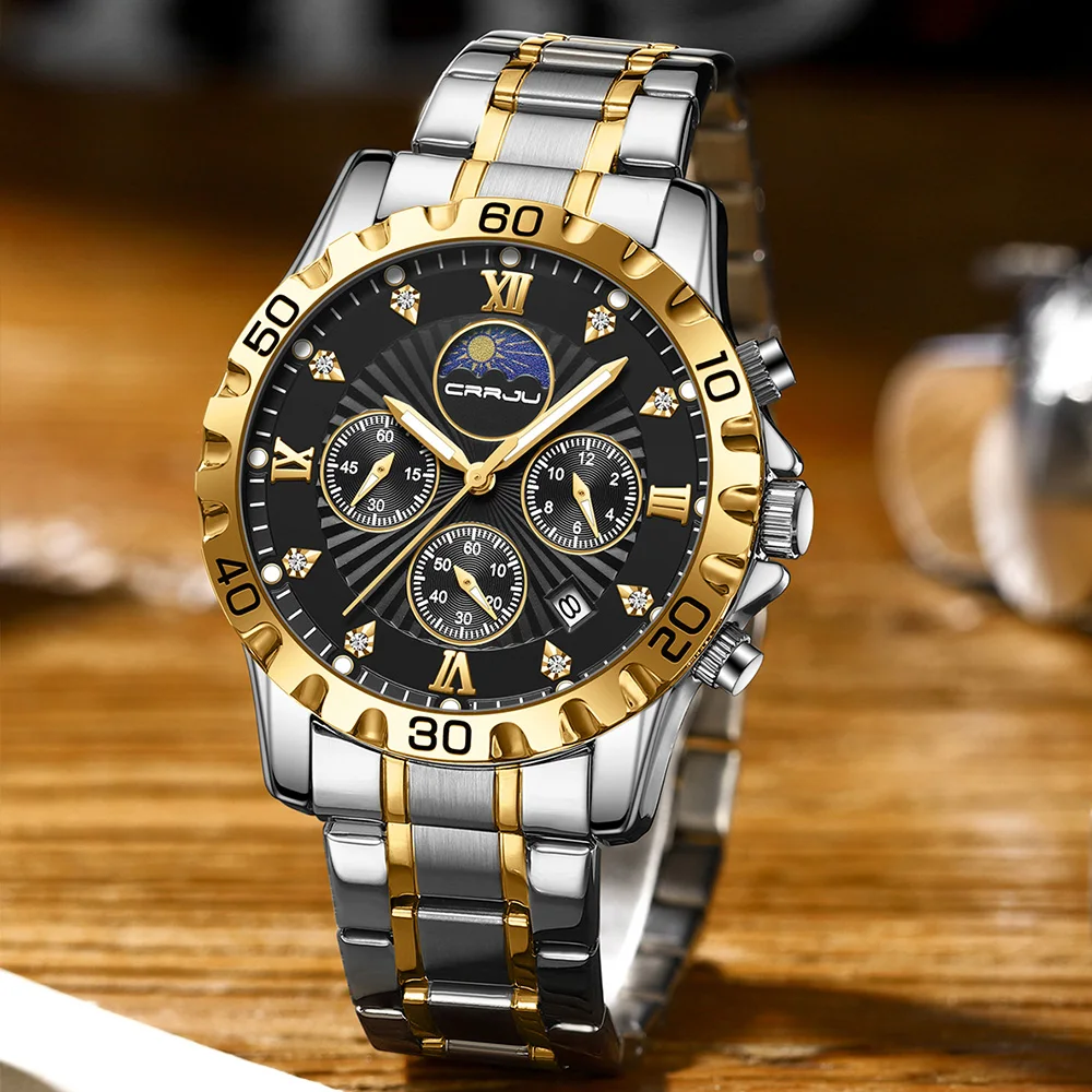 Часы CRRJU Мужские Аналоговые Кварцевые с хронографом люксовые деловые