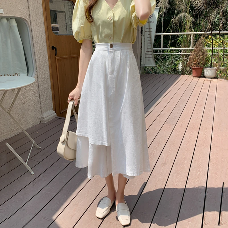 

Limiguyue Midi Linen Cotton Skirts Women Split Layered Skirt Solid Casual Wooden Shell Button Irregular Elastic Waist Skirt J261