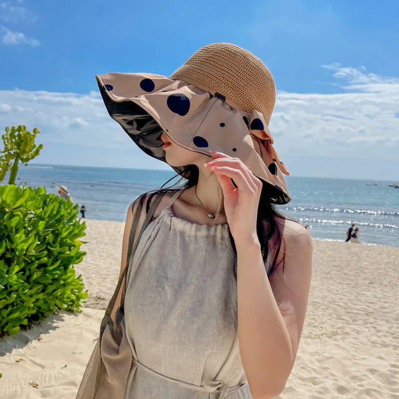 

Hat Female Dot Knitting Hollow Out Black Glue Big Edge Fisherman Hat Female Summer Foldable Sunscreen Hat Beach