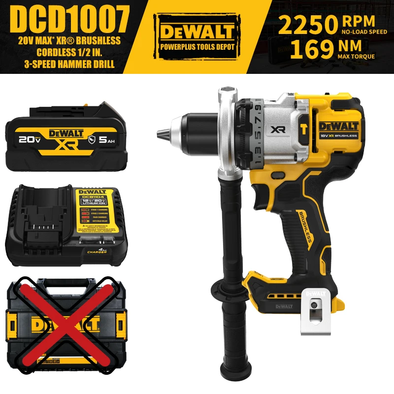 

DEWALT DCD1007 Бесщеточный аккумуляторный 1/2 дюйма. 3-скоростная ударная дрель 20 В, электроинструменты 169 нм с зарядным устройством