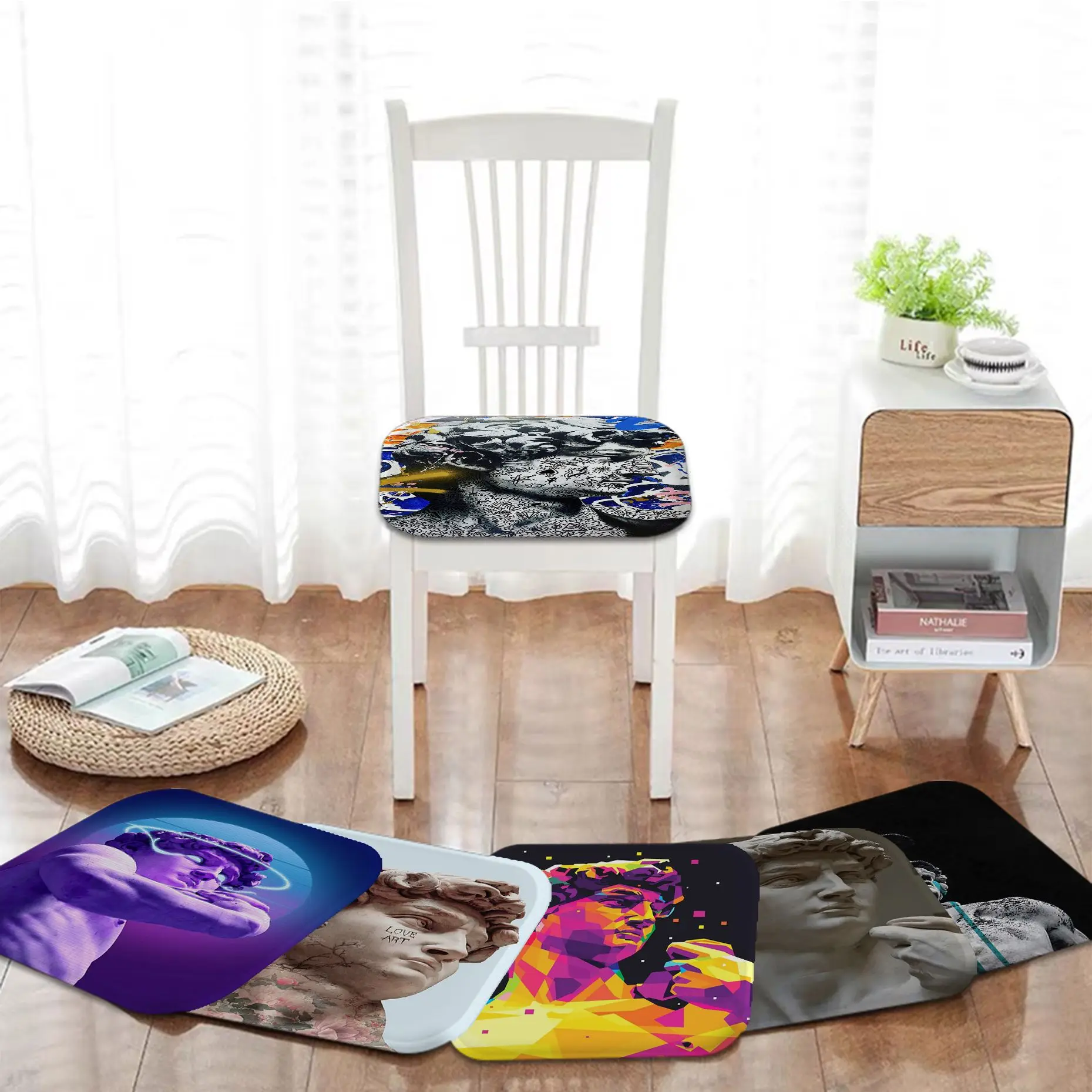 

Art David Head David Sculpture Graffiti Stool Pad Patio Home Office Chair Seat Cushion Sofa Seat 40x40cm Cushions Home Decor