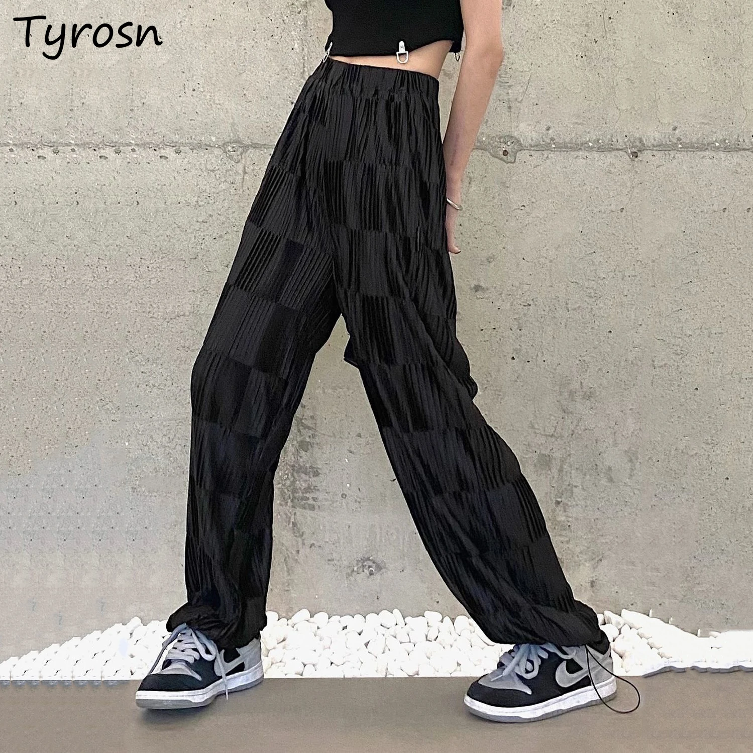 

S-4XL Casual Pants Women Design Folds Elastic Waist Empire Streetwear Hip Hop Wide-leg Pant Unisex Tie Feet Trousers Clothing