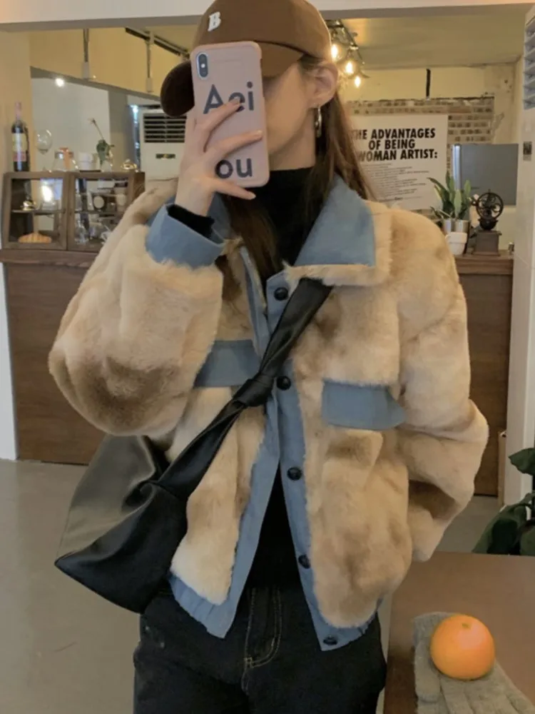 Women Faux Fur Plush Jacket Winter Hanbok Retro Contrast Color Lapel Faux Fur Cropped Coat